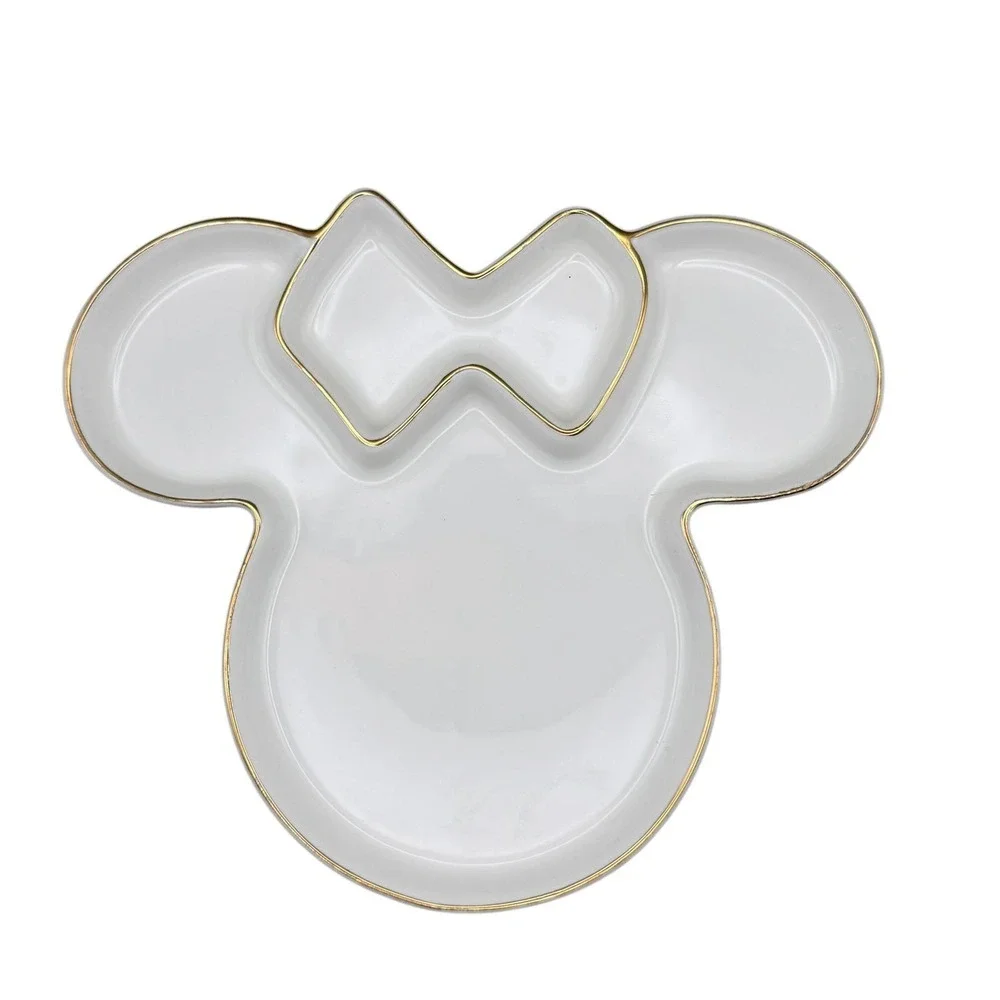 Disney Minnie Mouse Ceramic Trinket Tray White Gold Rim Jewelry Dish FAC0-7996-9